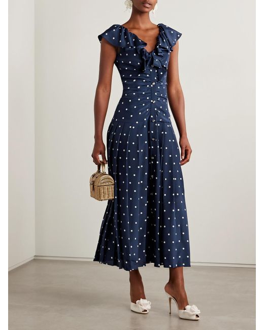 Robe Midi En Crêpe De Chine De Soie À Pois, Fronces Et Plis Alessandra Rich en coloris Blue