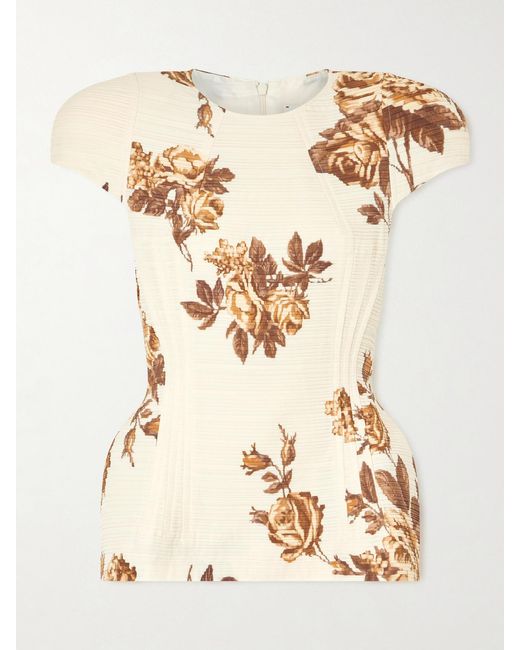 Magda Butrym Natural Floral-Print Plissé-Satin Blouse