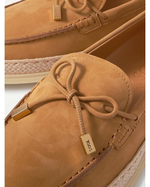 Tod's Brown Gomma Raffia-Trimmed Bow-Detailed Suede Loafers