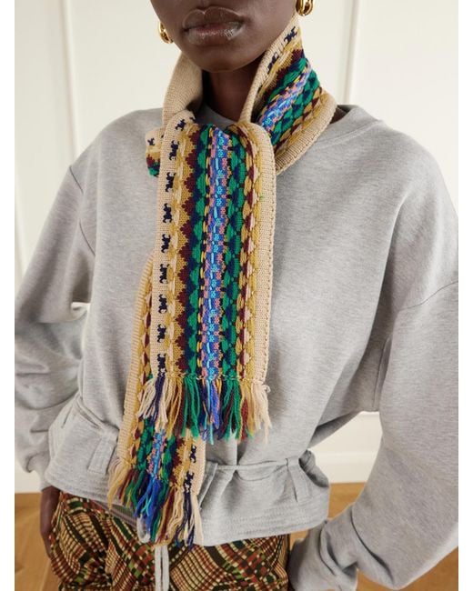 Dries Van Noten Blue Fringed Intrasia-Knit Wool Scarf