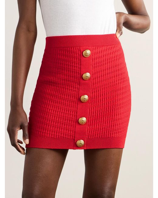 Balmain Red Minirock Aus Rippstrick Mit Zierknöpfen