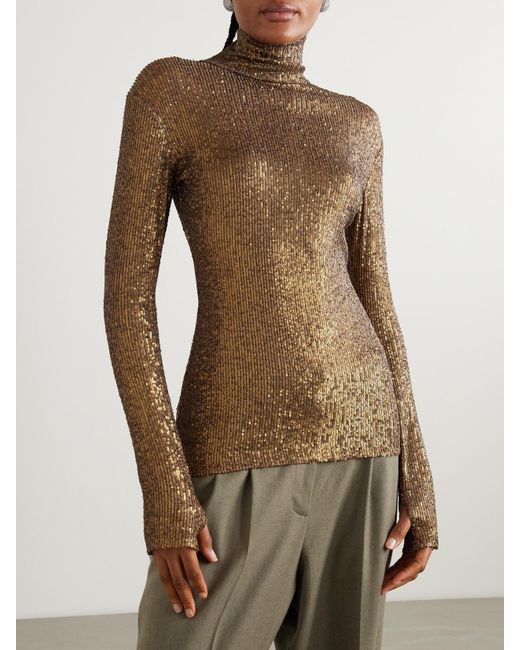 Norma Kamali Brown Sequined Stretch-Mesh Turtleneck Top