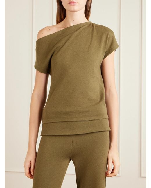The Elder Statesman Green Superlight Tori One-Shoulder Cashmere Top