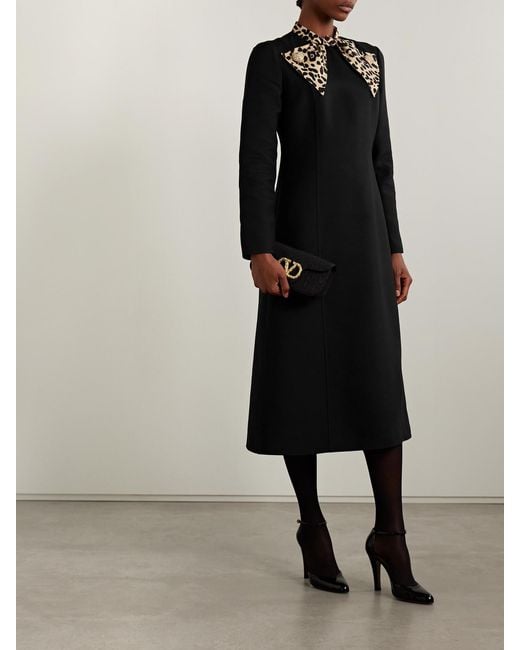 Valentino Garavani Black Embellished Leopard-Print Wool And Silk-Blend Midi Dress