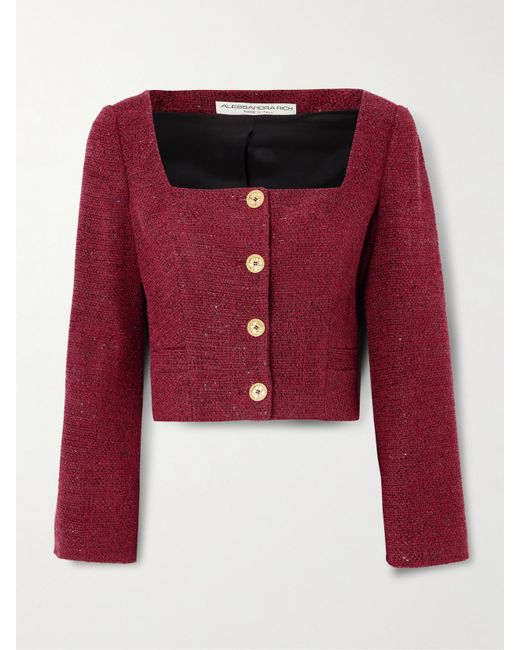 Alessandra Rich Red Cropped Sequin-Embellished Tweed Jacket