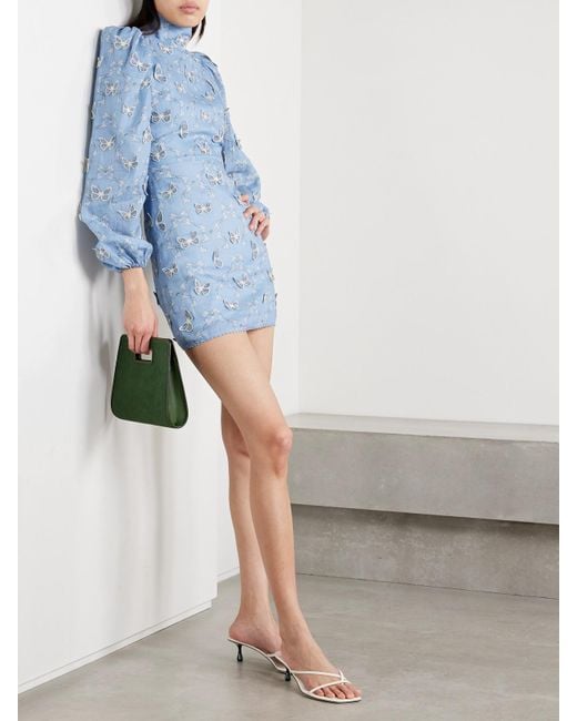 Agua Bendita Blue Guaba Lymanopoda Appliquéd Printed Linen Turtleneck Mini Dress