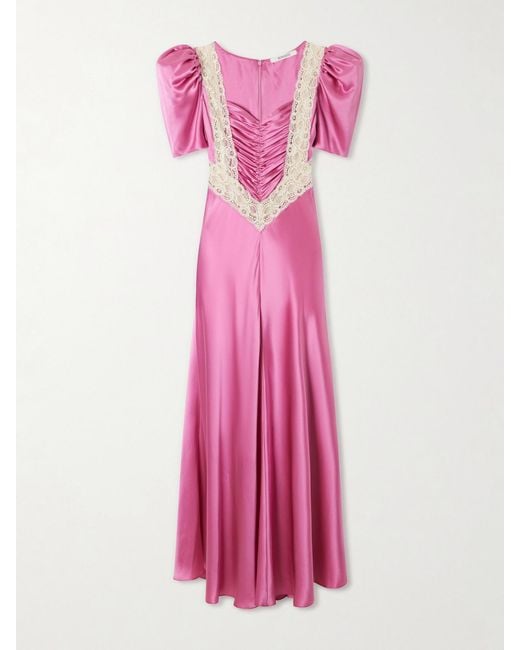 Rodarte Pink Ruched Embroidered Lace-Trimmed Silk-Twill Maxi Dress