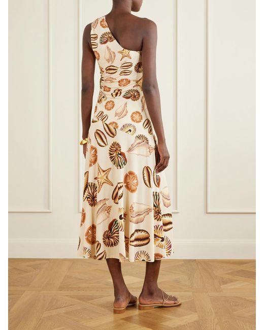 Farm Rio Metallic Embellished Gathered One-Shoulder Printed Woven Midi Dress