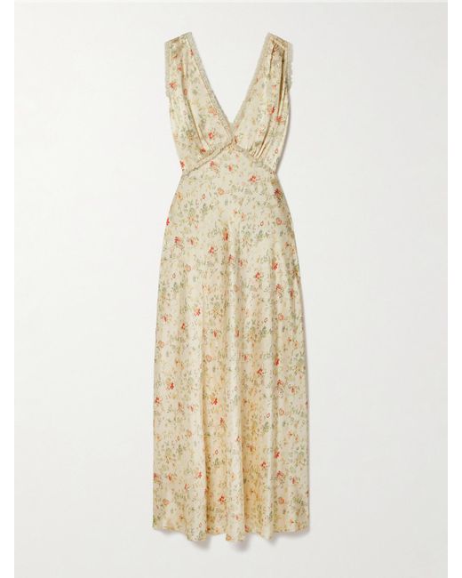 Doen Metallic Tahlia Lace-trimmed Floral-print Silk-charmeuse Midi Dress