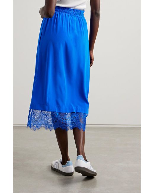 Sea Blue Lorraine Lace-Trimmed Silk Crepe De Chine Midi Skirt