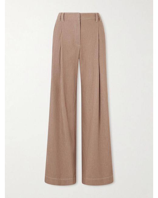 Brunello Cucinelli Natural Pleated Embellished High-Rise Wide-Leg Jeans