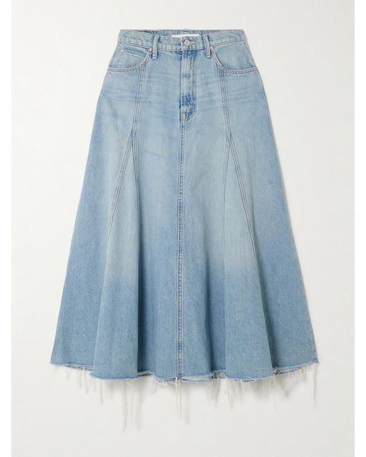 Mother Blue The Full Swing Frayed Denim Midi Skirt