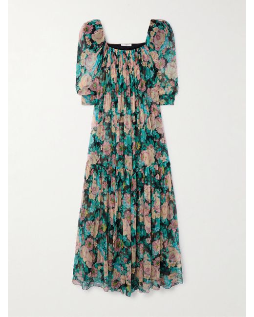 Chloé Green Maxikleid Aus Seidenmusselin Mit Blumenprint Und Raffungen
