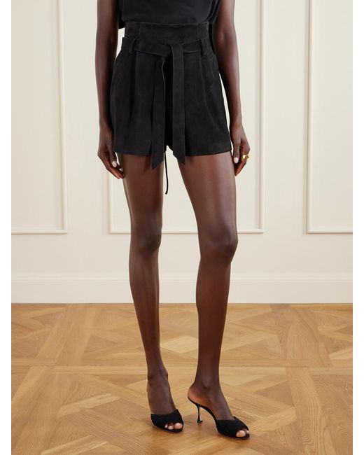 Galvan Black Livia Belted Pleated Suede Shorts