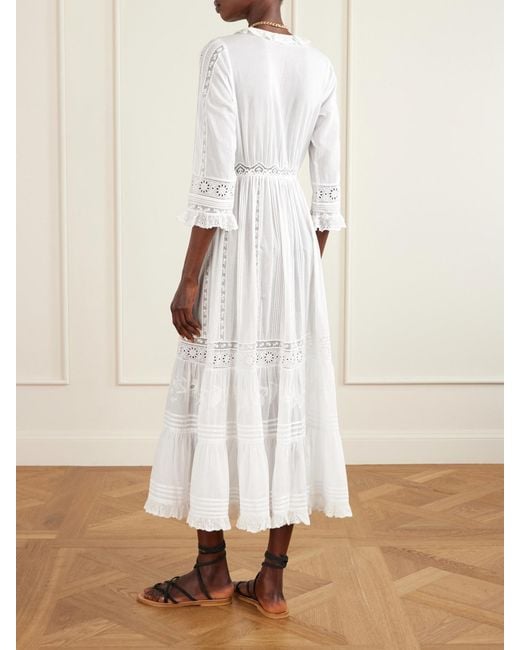 Doen Clemencia Ruffled Lace-Trimmed Organic Cotton-Voile Midi Dress in  White | Lyst