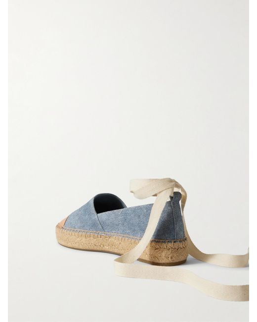 Tory Burch Blue Lace-Up Embellished Leather-Trimmed Printed Suede Platform Espadrilles