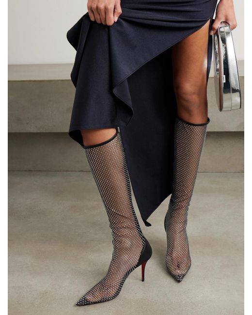 Christian Louboutin Black Apostropha 85 Crystal-Embellished Leather-Trimmed Mesh Knee Boots