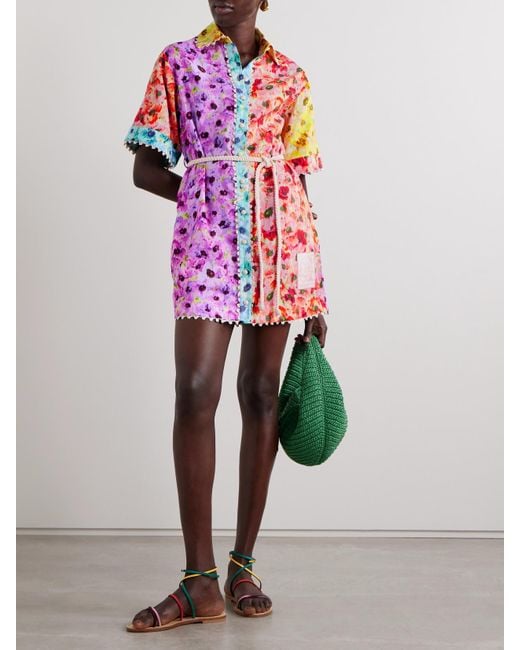 Zimmermann Lightburst Belted Crochet-Trimmed Floral-Print Cotton Mini Shirt  Dress in Pink | Lyst