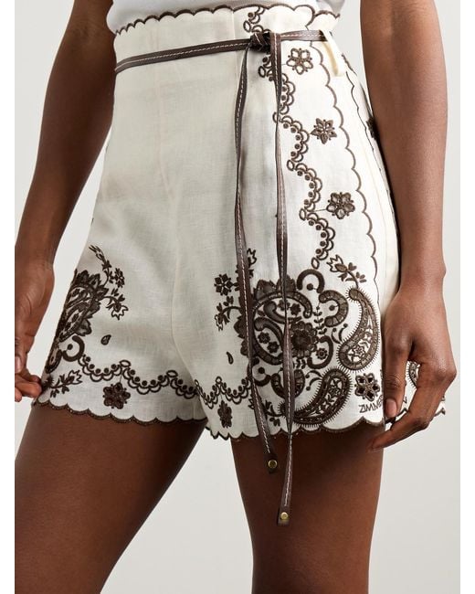Zimmermann Natural Ascension Leather-Trimmed Broderie Anglaise Linen Shorts