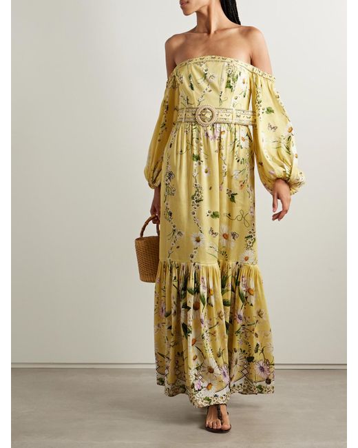 Camilla Yellow Off-The-Shoulder Gathered Floral-Print Linen And Silk-Blend Maxi Dress
