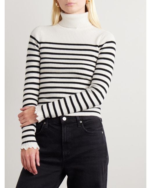 Ulla Johnson White Annika Rollkragenpullover Aus Geripptem Kaschmir Mit Streifen