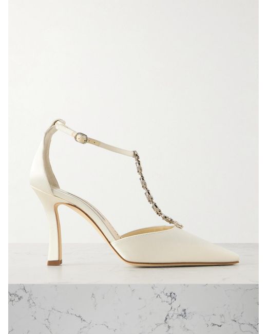 Manolo Blahnik White Molara 105 Crystal-Embellished Satin Pumps