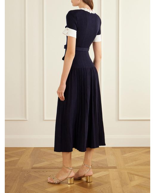 Self-Portrait Blue Belted Floral-Appliquéd Ribbed Midi Dress