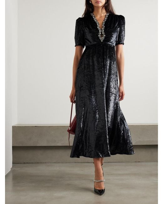 Saloni Black Tabitha Embellished Metallic Velvet Midi Dress