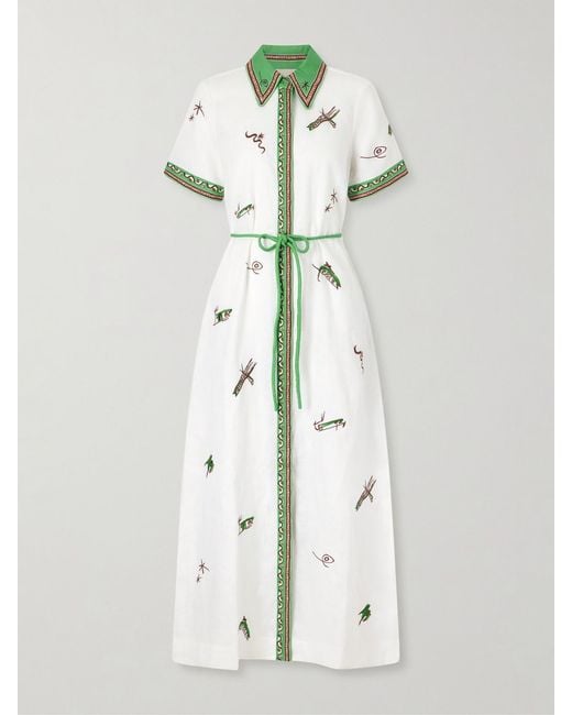 ALÉMAIS Natural Wanda Belted Embroidered Linen Midi Shirt Dress