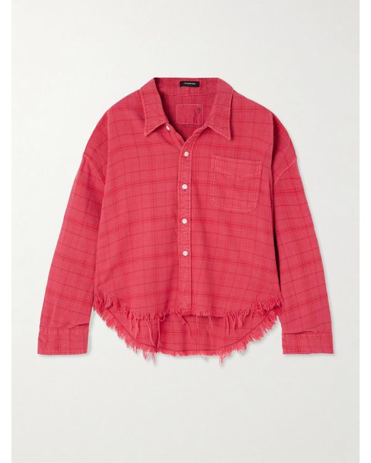R13 Red Frayed Checked Cotton-Flannel Shirt