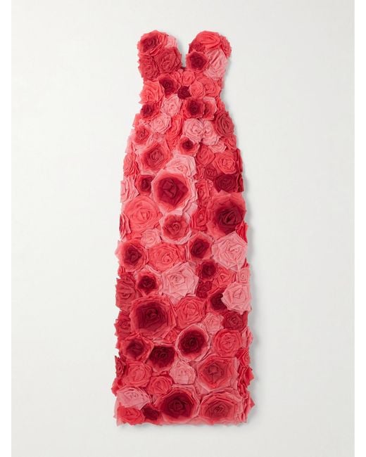 Erdem Red Embellished Off-The-Shoulder Silk-Chiffon Gown