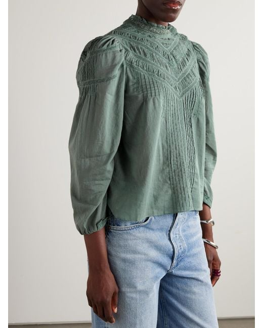 Doen Green Adelphine Crochet-Trimmed Pintucked Organic Cotton-Voile Blouse