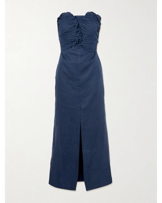 ANDRES OTALORA Blue Bajo Palmera Strapless Pleated Linen Maxi Dress