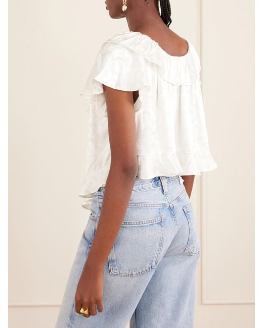Doen White Floriette Ruffled Satin-Jacquard Blouse