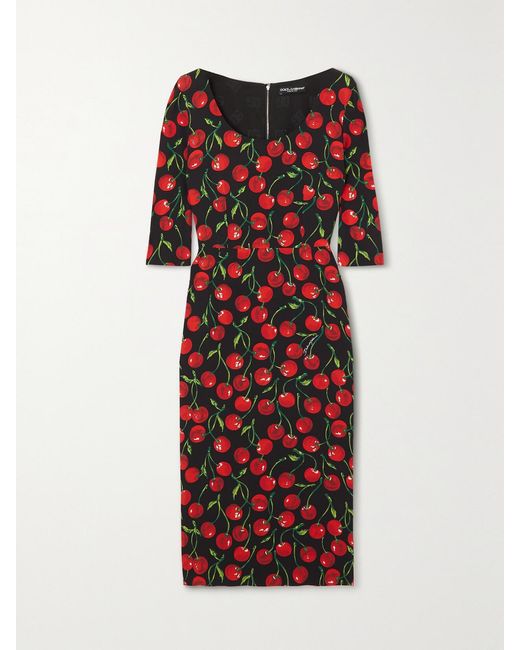 Dolce & Gabbana Red Printed Stretch-Silk Charmeuse Midi Dress