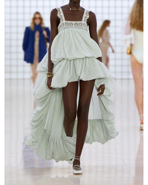 Chloé White Robe Aus Seidenchiffon Mit Raffungen Und Spitzenbesätzen