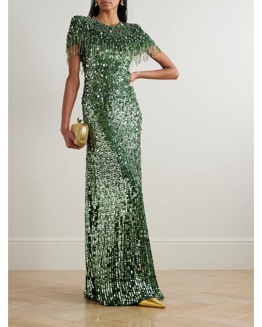 Jenny Packham Green Eugenie Fringed Cape-Effect Embellished Satin Gown