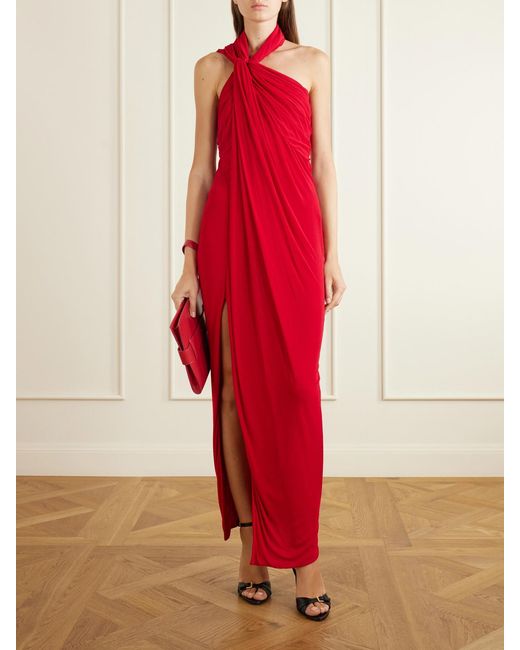 Balmain Red Draped Halterneck Jersey Maxi Dress