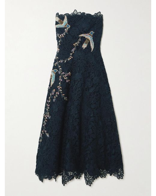 Costarellos Blue Toma Strapless Embellished Guipure Lace Midi Dress