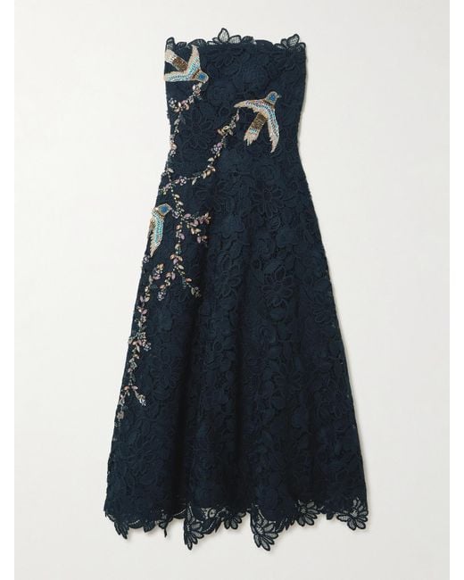 Costarellos Blue Toma Strapless Embellished Guipure Lace Midi Dress