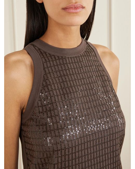Brunello Cucinelli Brown Sequin-Embellished Stretch-Cotton Jersey Tank