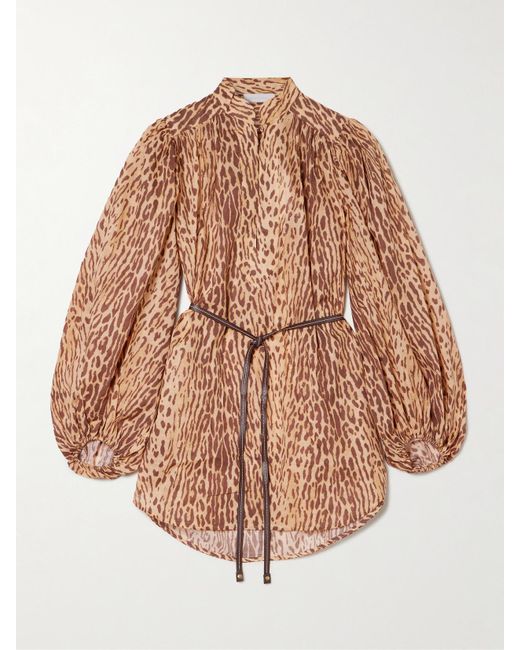 Zimmermann Natural Cascadian Tunika Aus Baumwoll-Voile Mit Leopardenprint Und Bindegürtel