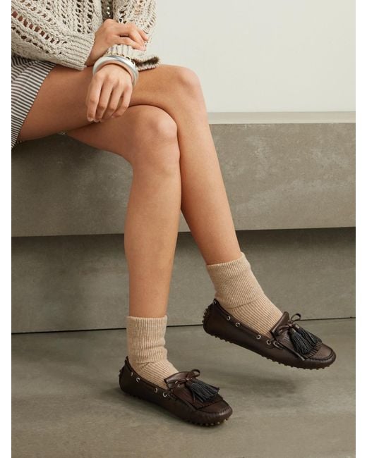 Brunello Cucinelli Brown Tasseled Fringed Bead-Embellished Leather Loafers
