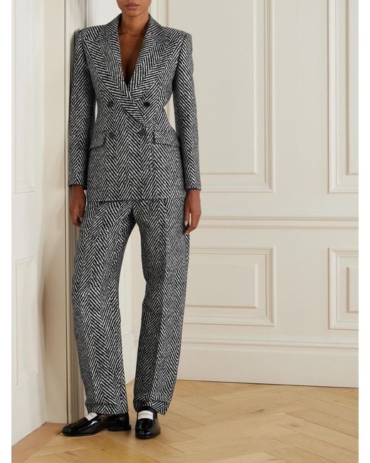 Givenchy Gray Double-Breasted Herringbone Wool-Blend Blazer