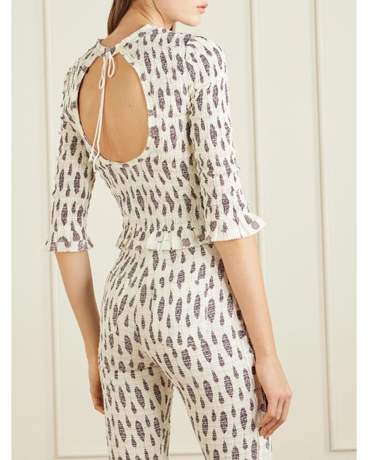 Isabel Marant White Arie Open-Back Ruffled Floral-Print Smocked Cotton Blouse
