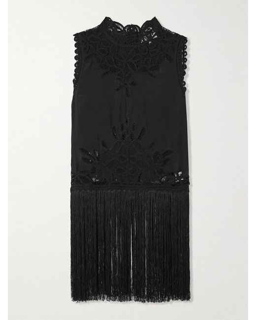 Sea Black Adelina Tie-Side Fringed Lace-Paneled Woven Top