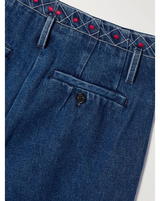 Bode Blue Murray High-Rise Pleated Embroidered Wide-Leg Jeans