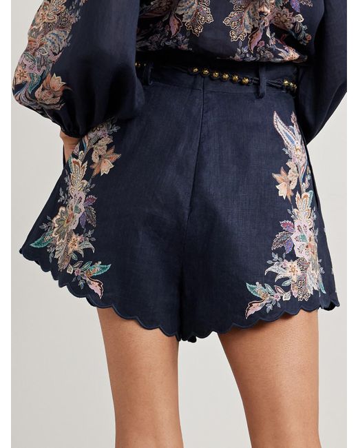 Short En Lin À Imprimé Fleuri Et À Ceinture Rhiannon Zimmermann en coloris Blue