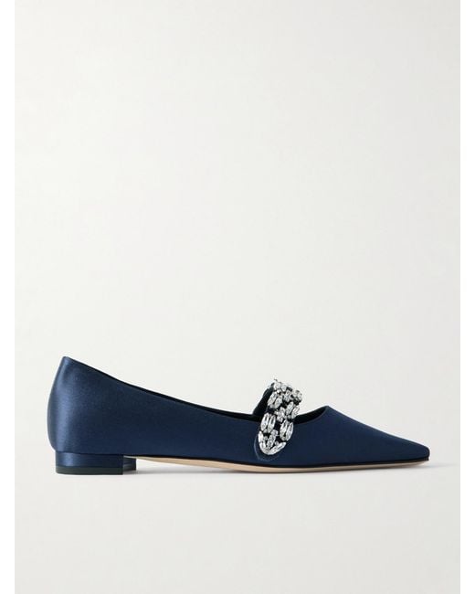Manolo Blahnik Blue Tamolflat 10 Crystal-Embellished Satin Point-Toe Flats