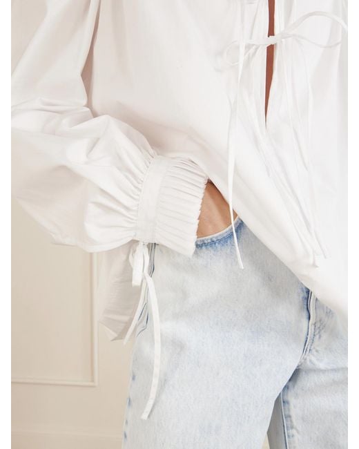 Dries Van Noten White Tie-Detailed Ruffled Gathered Cotton-Poplin Blouse